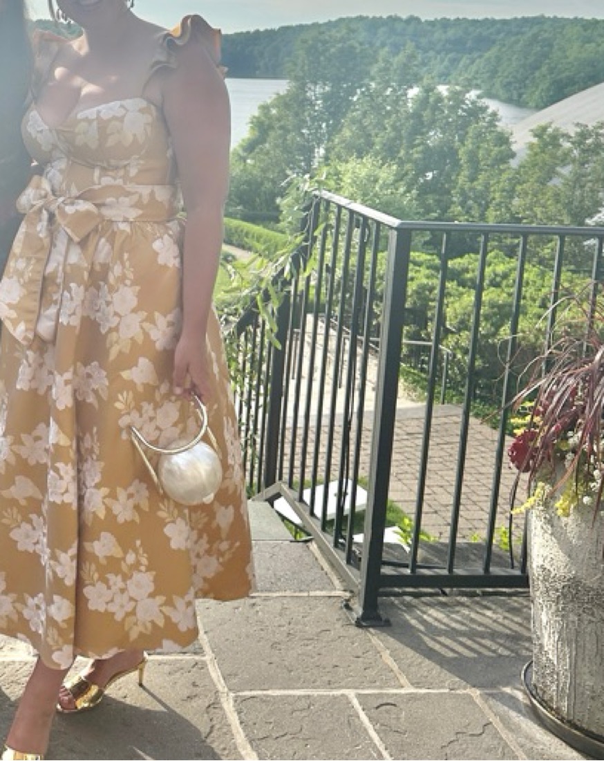 V Chapman Veronica Corset Ruffle Side Slit Dress The Vera Dress in Gold  Baroque Floral 12 / Gold Baroque Floral
