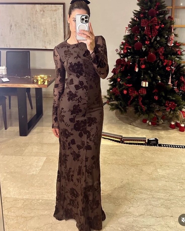 princess polly baby blue dress Women's Fit & Flare Long Sleeve Brown Midi Dress: Vintage Flare | Medium main image 1