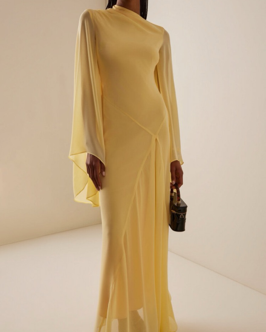 chinese dress ladies Draped chiffon maxi dress yellow S070G050 – RASARIO main image 1