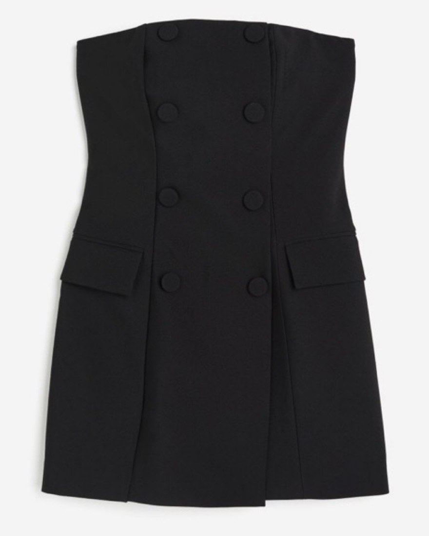 h&m strapless black dress H&M Black Smocked Strapless Ruffle Square Neck A Line Midi Dress Size XXL