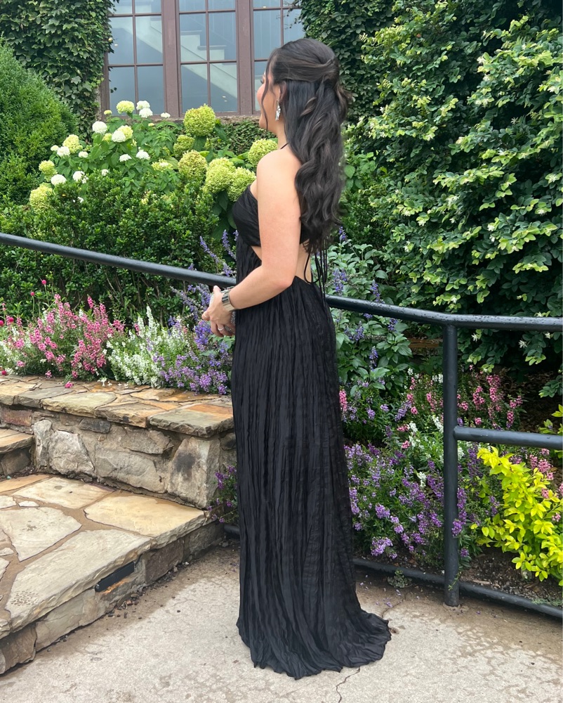 open lace back dress Elegant Halter Black Pleated Deep V-Neck Open Back Tie-Up Satin Maxi Dress M / Black main image 0