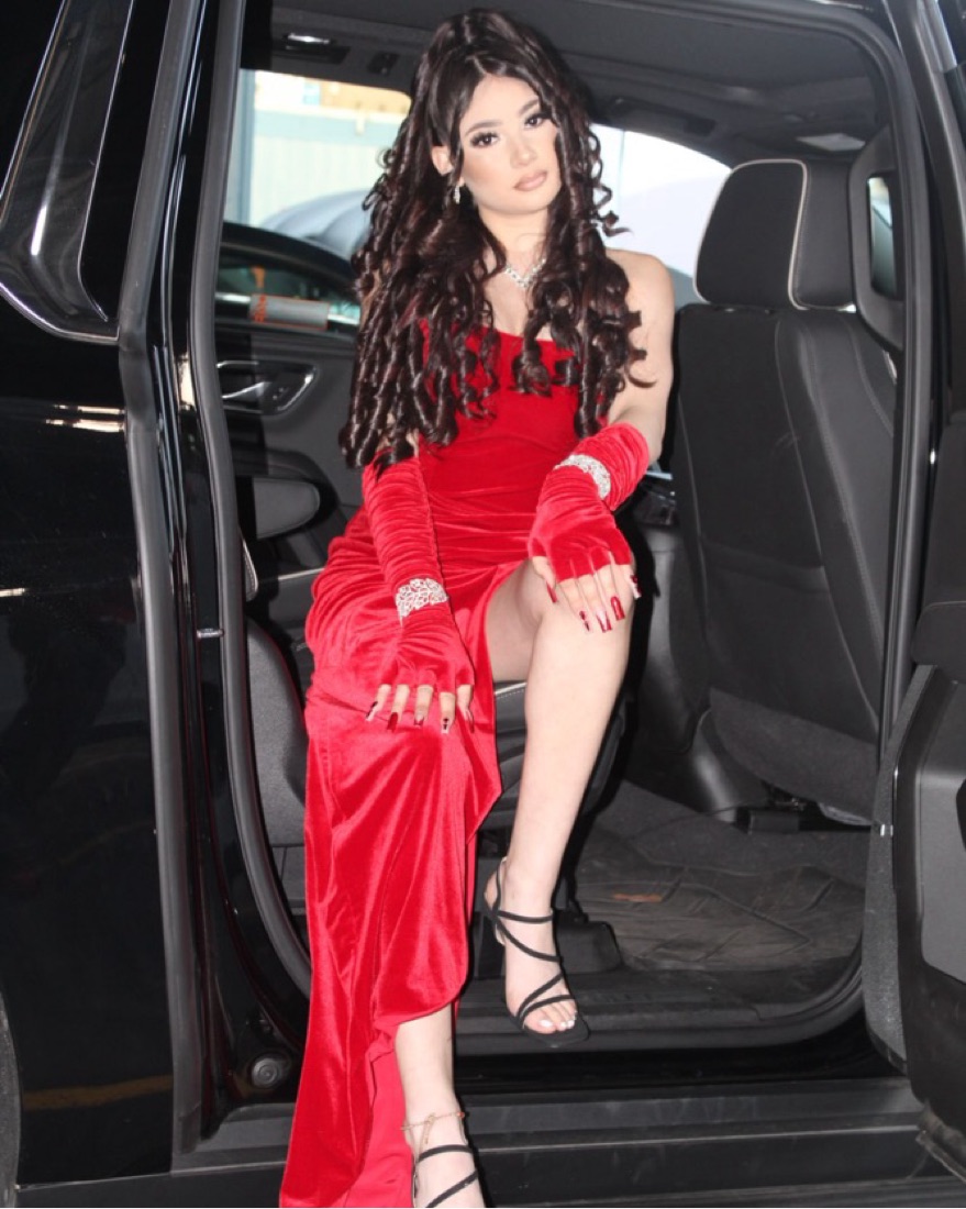 velvet red dres with gloves.  - Image 1