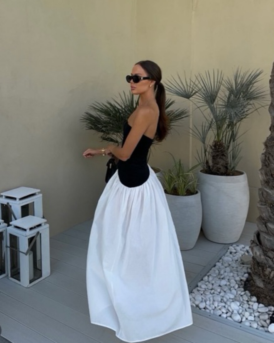 white christmas dresses Kaliyah Black & Cream Satin Midi Dress