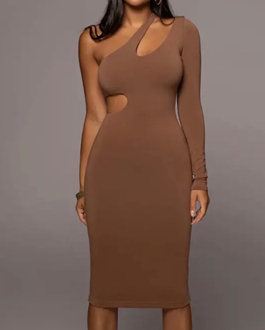 Sexy One Shoulder Dress Women Solid Colo - Image 6