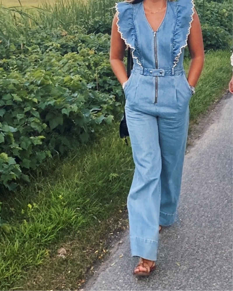 Denim Jumpsuit w/ Ruffled Sleeves - Sea - Image 1