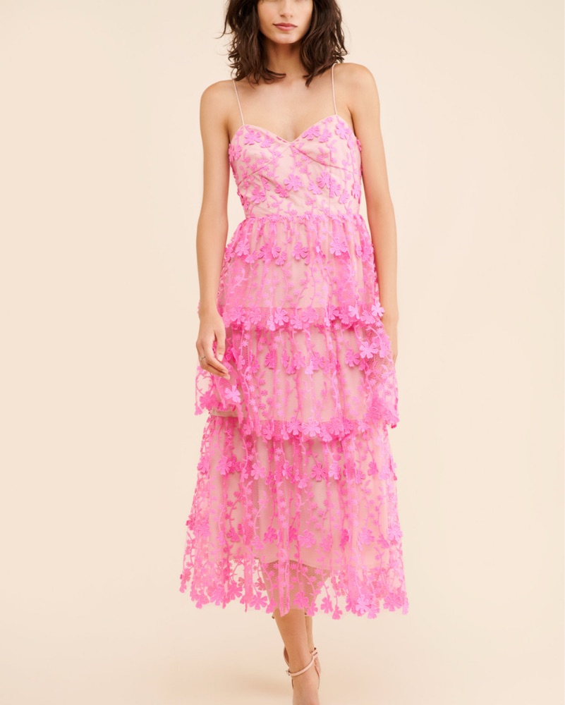 white christmas dresses Boho Floral Crochet V Neck Ruffle Layer Dress – Better in Bourbon main image 0