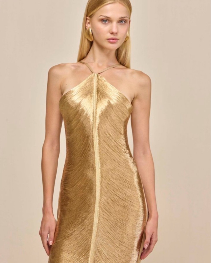 slim fit dress slacks Oriana Metallic Gold Foil Knit Maxi Dress