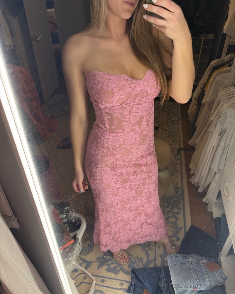 strapless open back dress Betty Asymmetric Neckline Skater Midi Pink