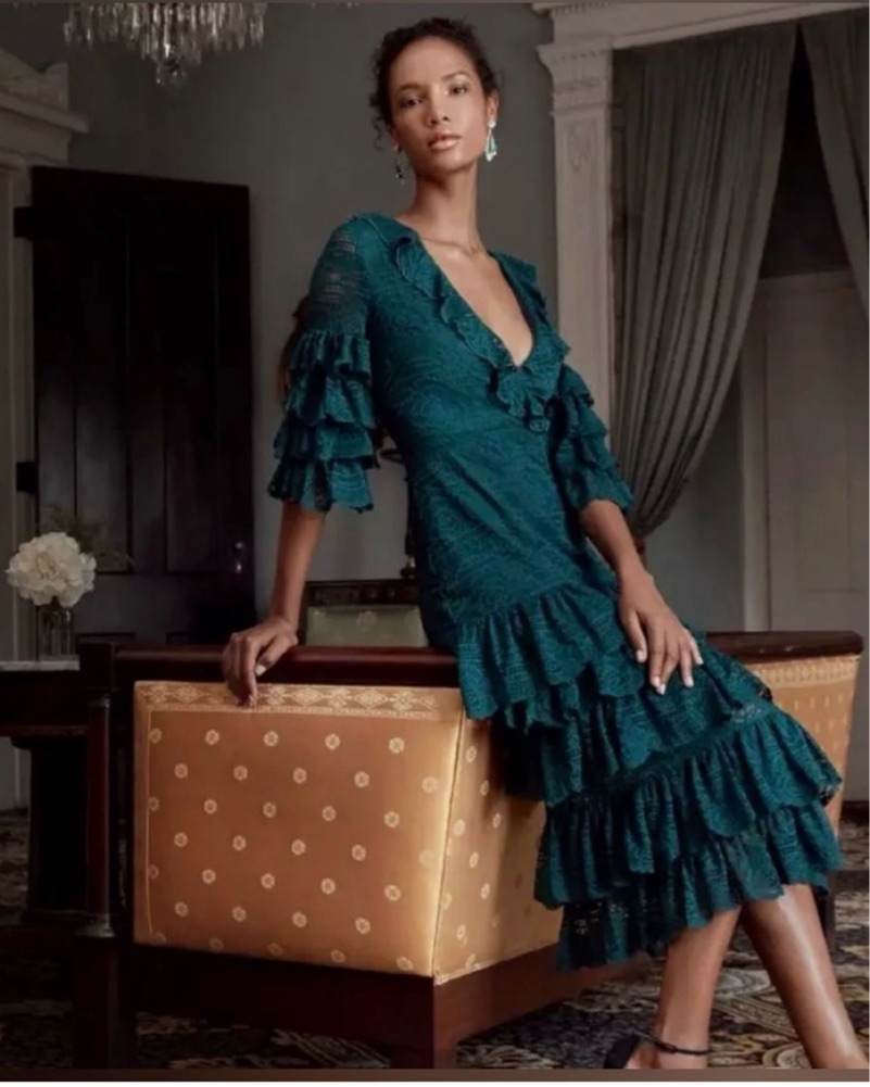 Elegant Emerald Lace Ruffle Midi Dress by SAYLOR - Pickle