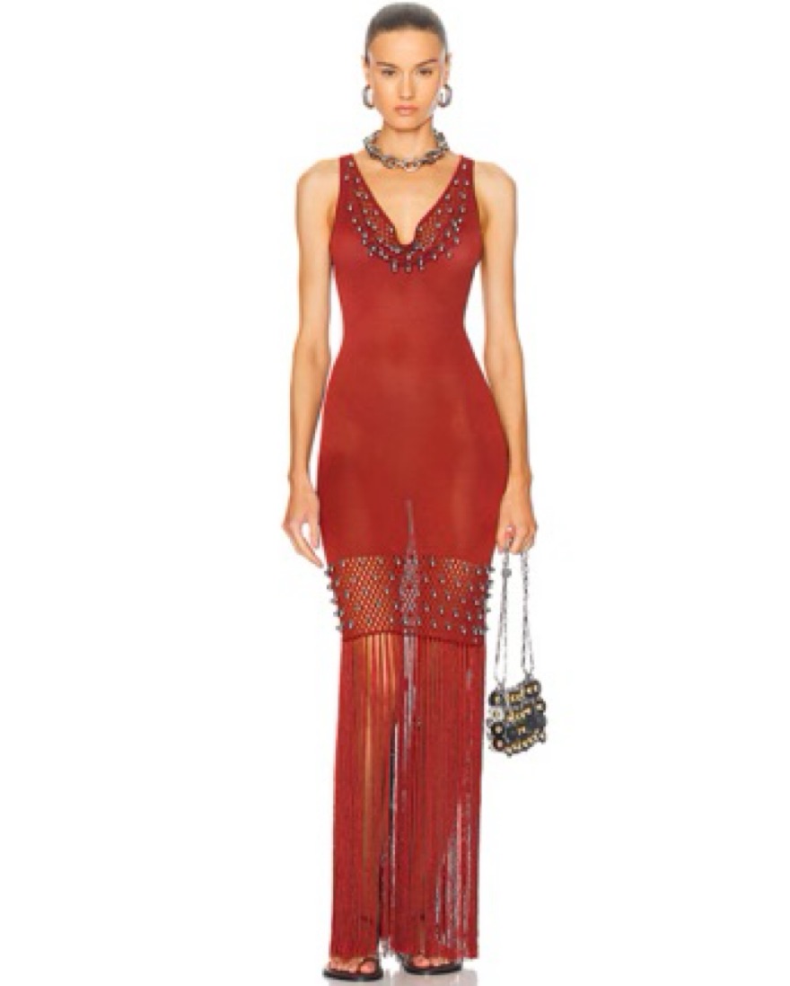 fitted lace wedding dress Paco Rabanne Red Tropical Floral Jersey Ruched Long Dress main image 0