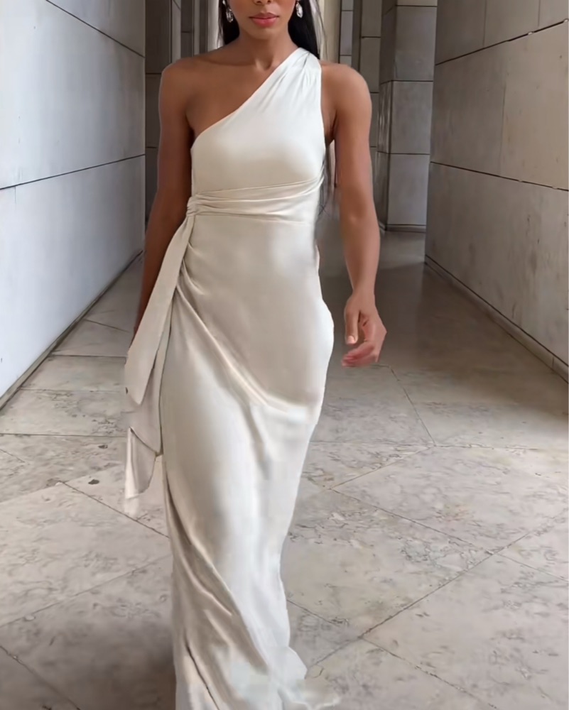 white christmas dresses Kamillia One-Shoulder Split Maxi Dress Champagne– Selfie Leslie