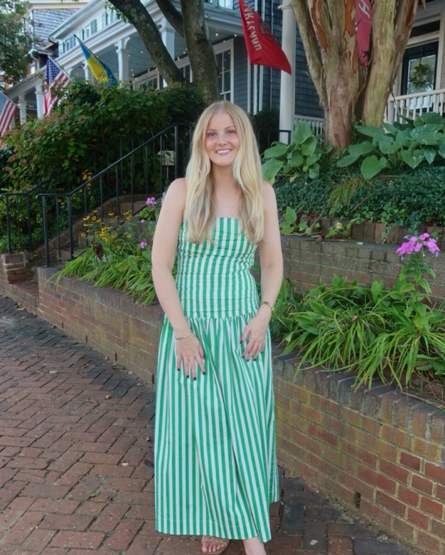 green emerald velvet dress Makenna Drop Waist Stripe Midi Dress – No. 14 main image 0