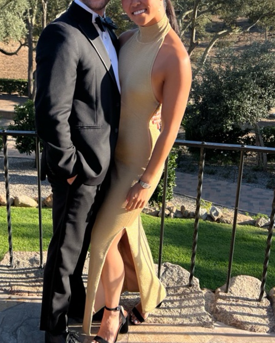 gold metallic halter dress Ieena for Mac Duggal - Gold High Neck Crystal Detail Metallic Slit Gown - FINAL SALE main image 1