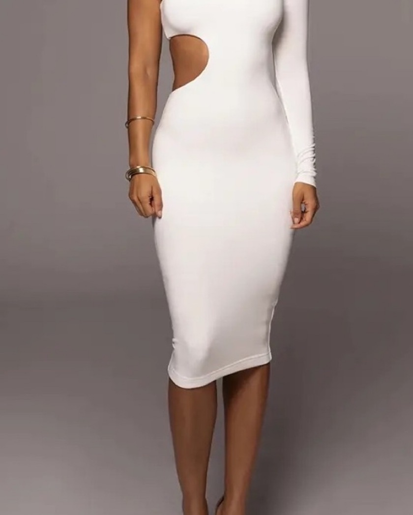 Sexy One Shoulder Dress Women Solid Colo - Image 3