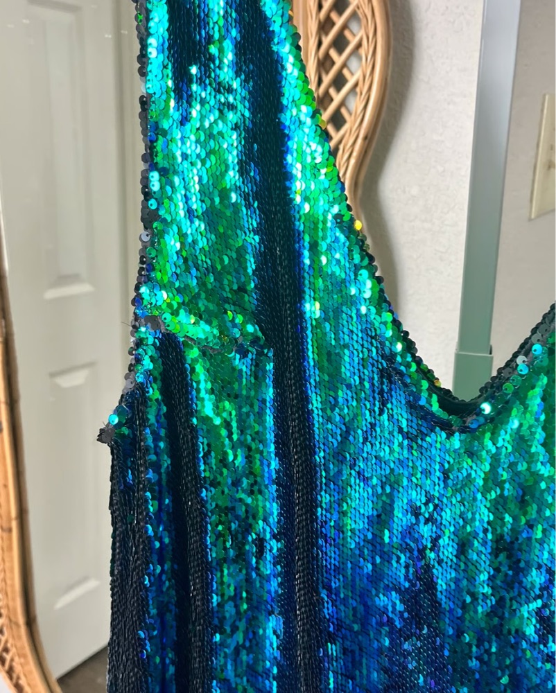 woman in a green dress Mint Green Sequin Princess Dress – Knee Length & Puff Sleeves – Mia Princess main image 1
