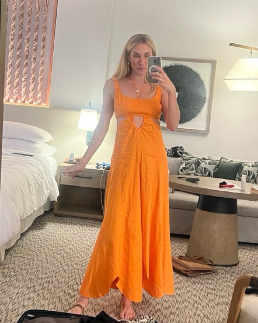 strapless open back dress Bristol Low Back Knit Dress Striped Orange Selfie Leslie