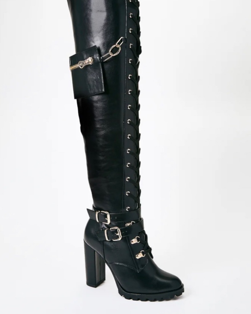 Black Leather High Block Heel Boots - Image 4