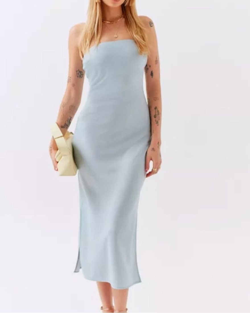 UO Rina Satin Strapless Midi Dress by Urban Outfitters - Pickle
