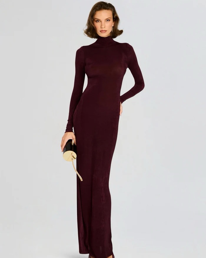 fitted lace wedding dress Merlot V-Neck Velvet Maxi Dress - Event Dresses