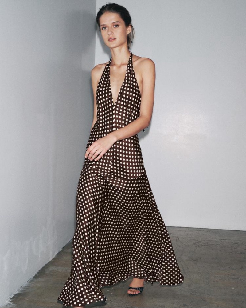 knee length dresses for ladies Peach polka dot midi dress | Elegant and feminine main image 0