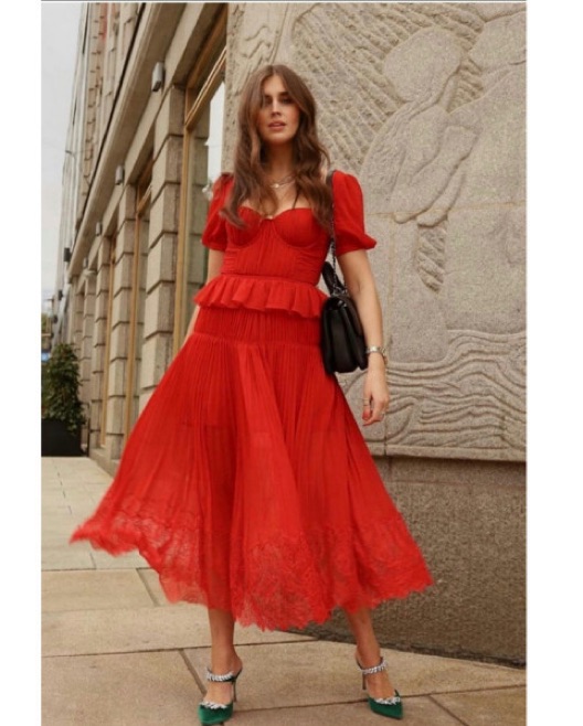 fitted lace wedding dress Dansya Midi Chiffon Dress in Red main image 1