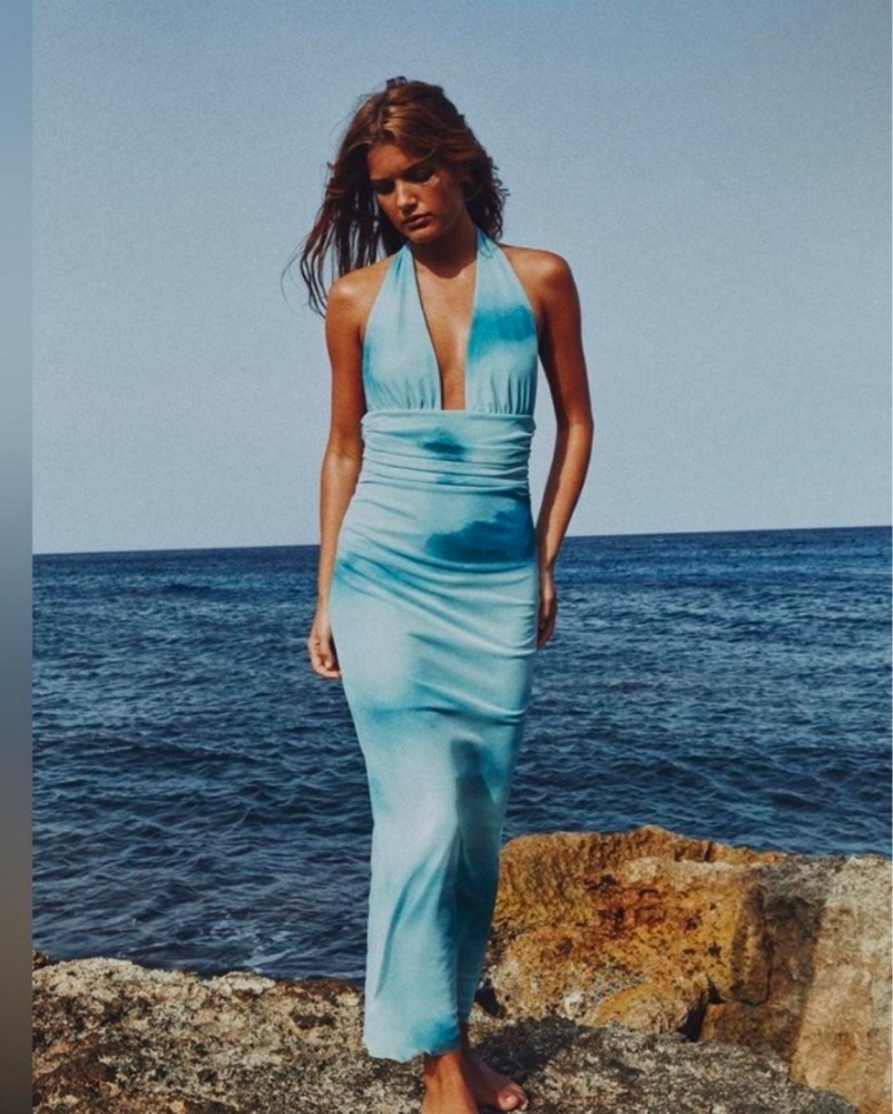 electric blue dress zara ZARA WOMAN ELECTRIC BLUE DRAPED HALTER DRESS S M L 8342/364 NWT  measurements