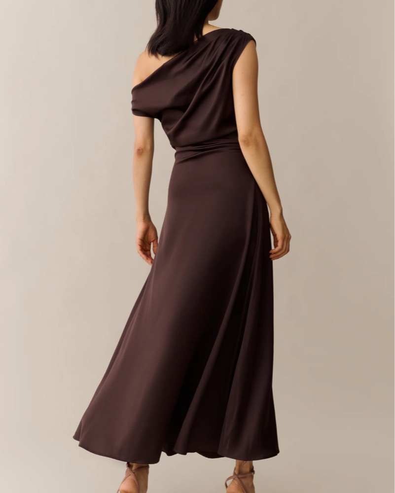 knee length dresses for ladies Chocolate brown midi satin slip dress 'Majestic' – Serena Silueta main image 1