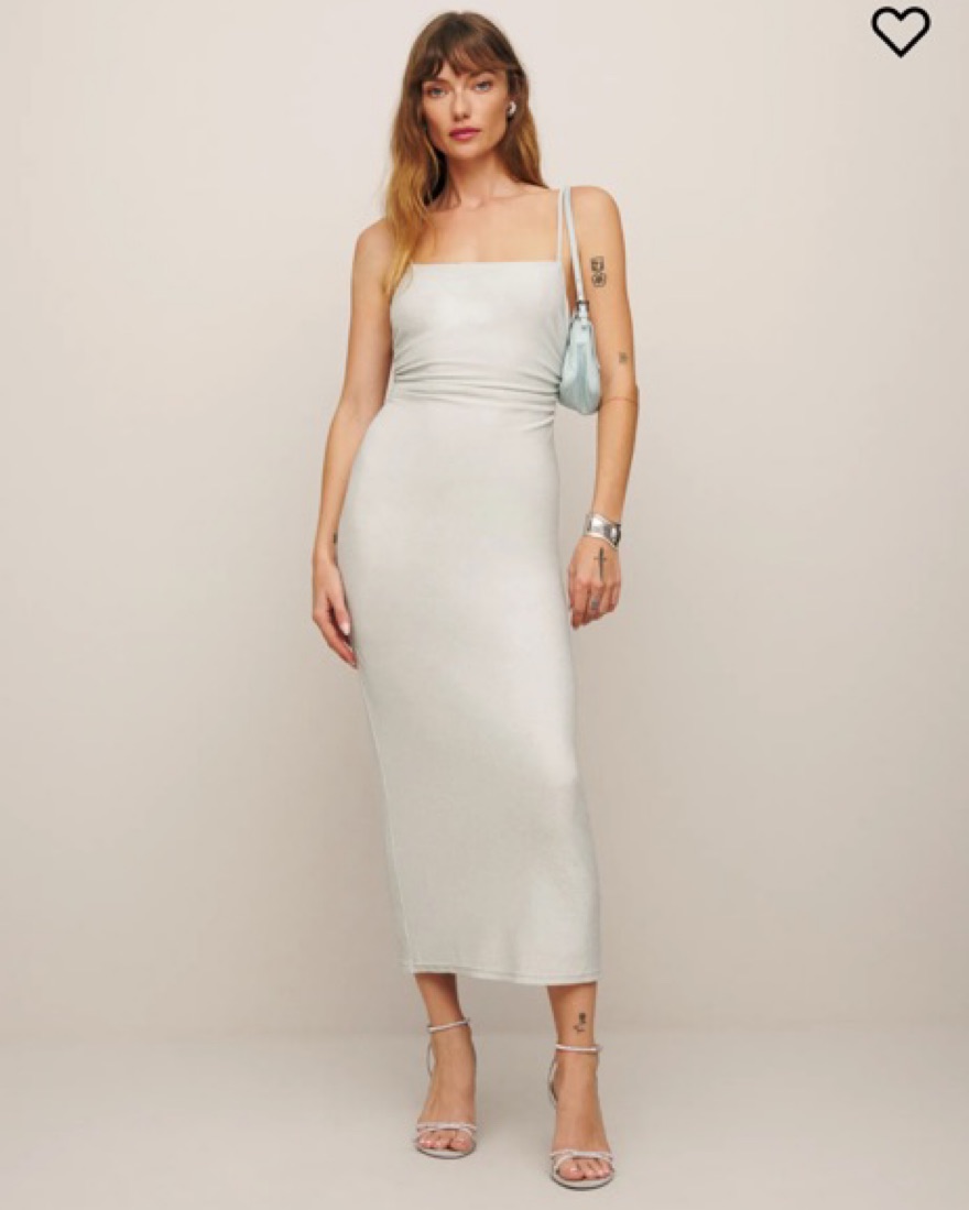 slim fit dress slacks Rent The Breslin Metallic Green Midi Dress By Reformation main image 0