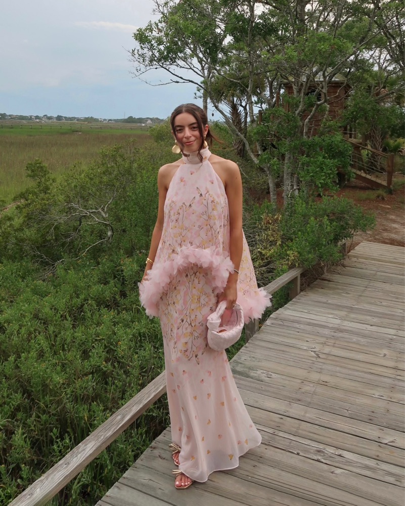 Pink Maxi Dress With Floral Cape Petite Placed Floral Crystal