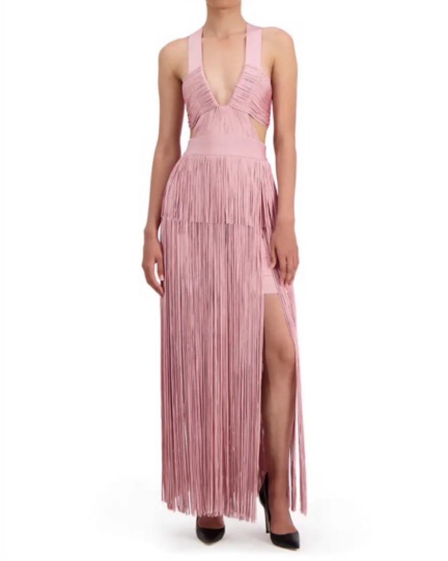Herve Leger Fringe Cut Out Evening Dress Pickle