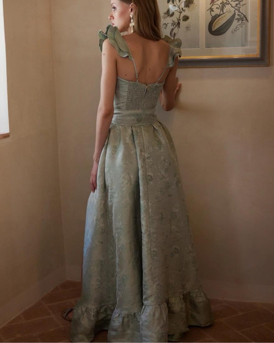 Veronica Dress In Sage Windsor Brocade by V Chapman - Pickle