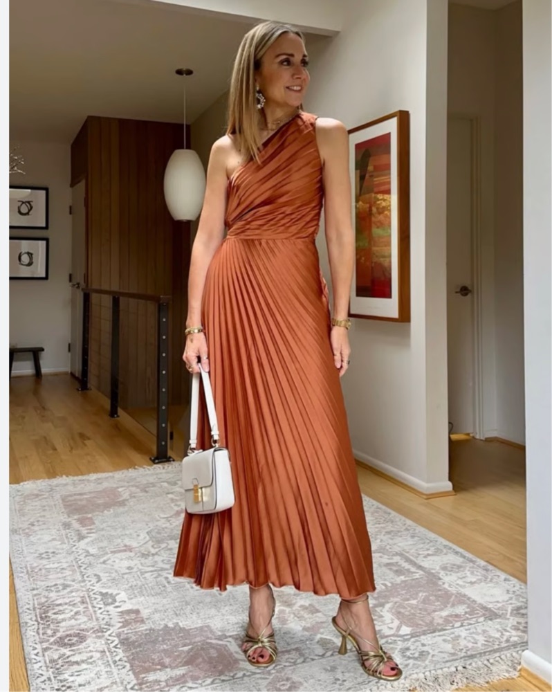 open lace back dress Orange One Shoulder Satin Maxi Dress Pleated Formal Wedding Guest Asym main image 0