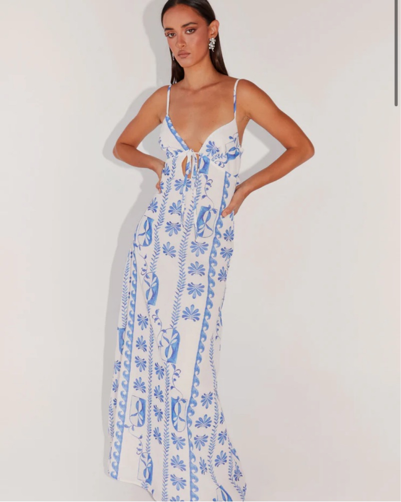 chinese dress ladies Off-White Floral Insects Euroflax™ Premium Linen Maxi Dress – FARM Rio main image 1
