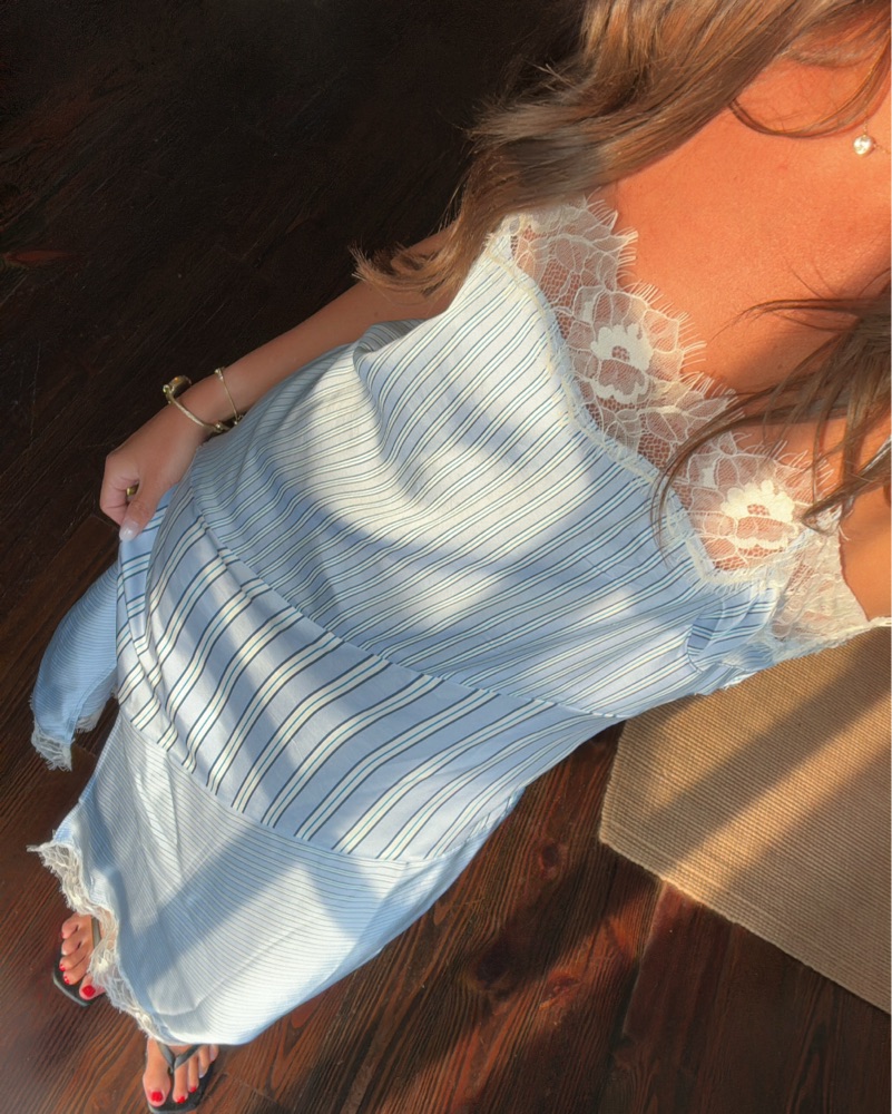 makeup to wear with light blue dress Cora Stripe Pleated Shirt Dress Purple / Large