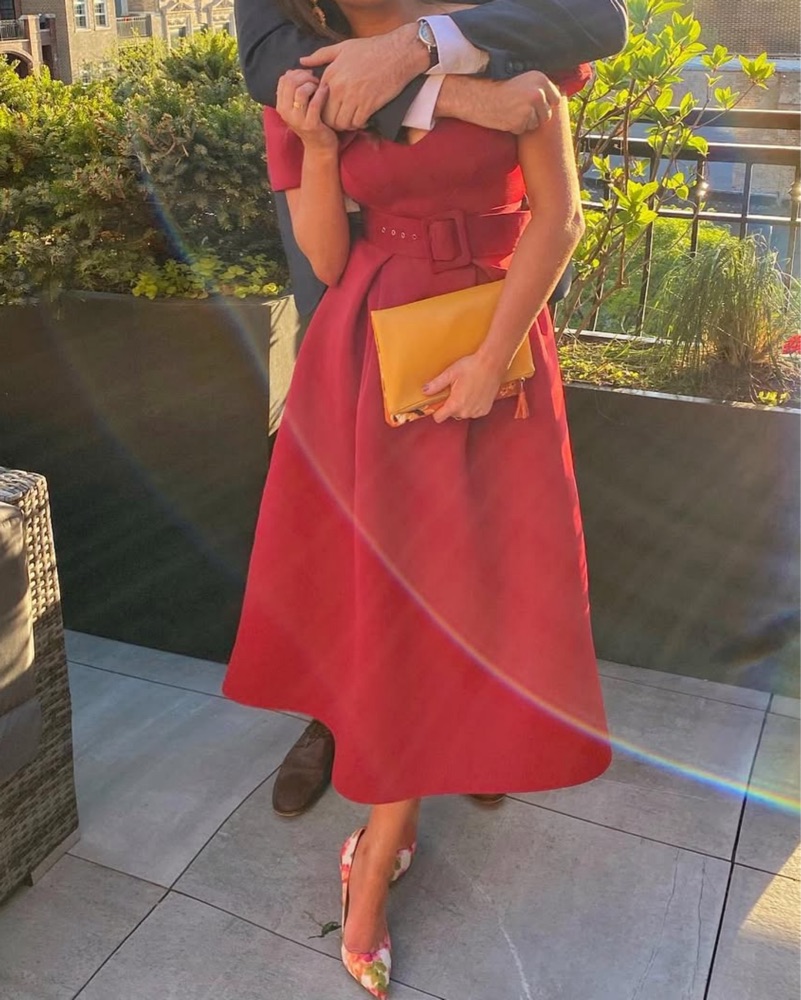 Stunning Red Off-Shoulder Midi Dress - Image 2