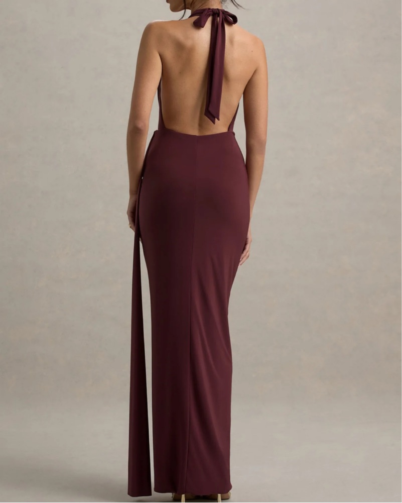 fitted lace wedding dress Women Solid Maroon Halter Neck Flared Maxi Dress main image 0