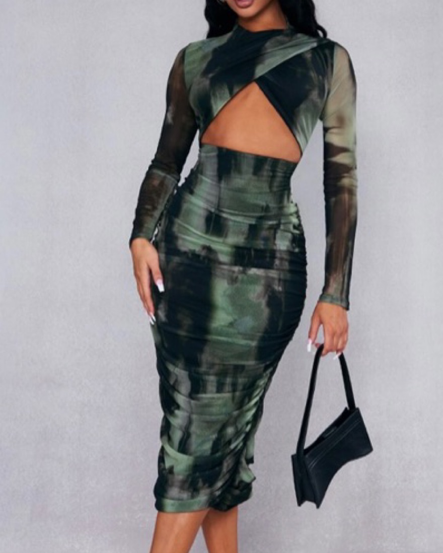 Green Abstract Midaxi Cutout Dress - Image 1