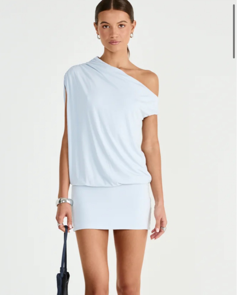 esli blue dress Lylah Asymmetric Neckline Mesh Maxi Dress Ice Blue