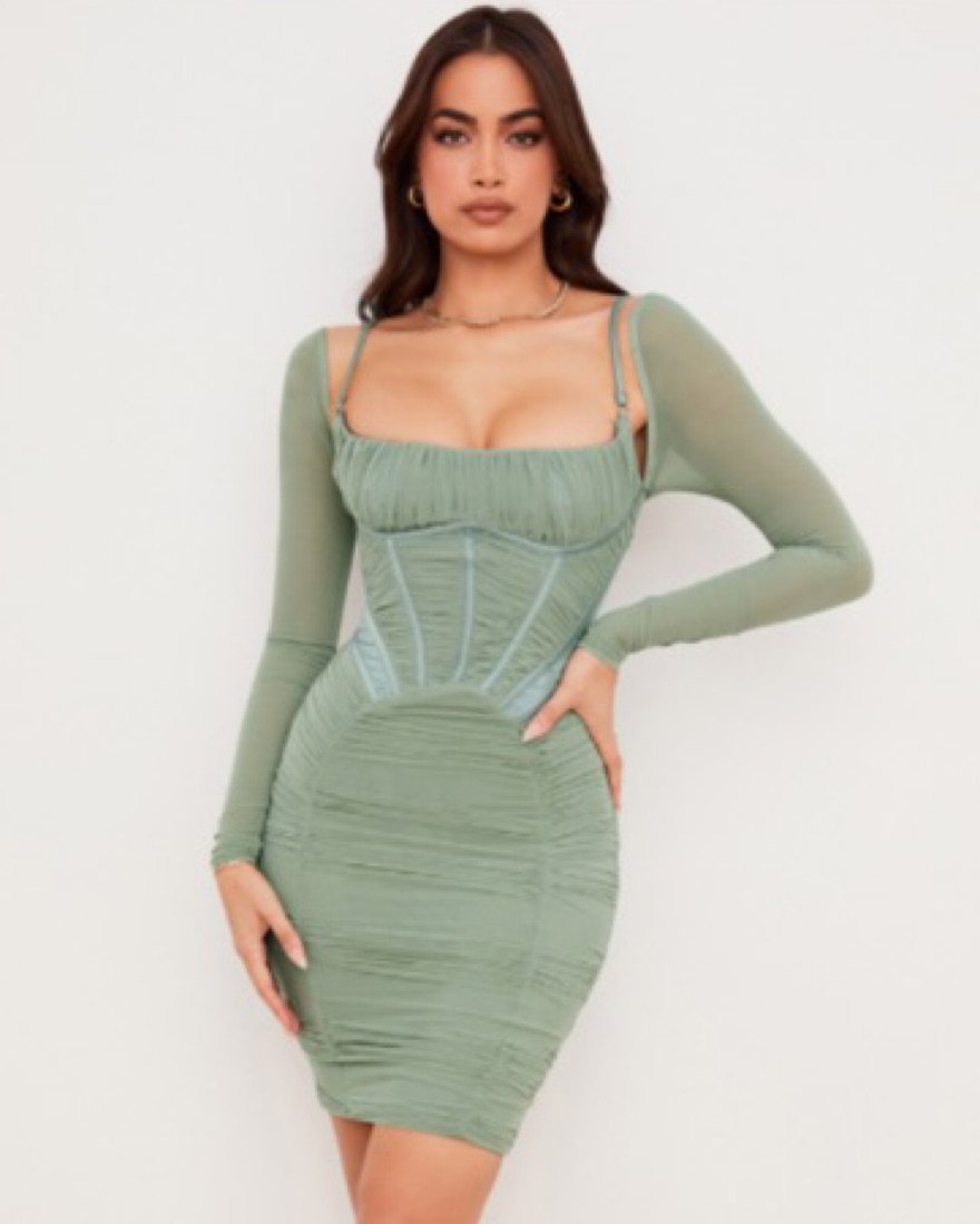 slim fit dress slacks Zapakasa Women Sage Green Satin Corset Short Homecoming Dress with Lace  Spaghetti Straps Tight Ruched Cocktail Dress with Slit main image 1