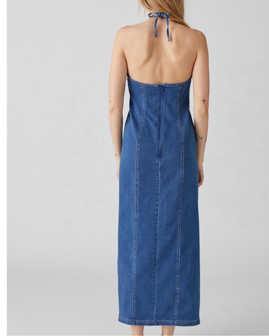 chinese dress ladies Chic Modest Cotton Denim Halter Tie-Dye Maxi Dress main image 1