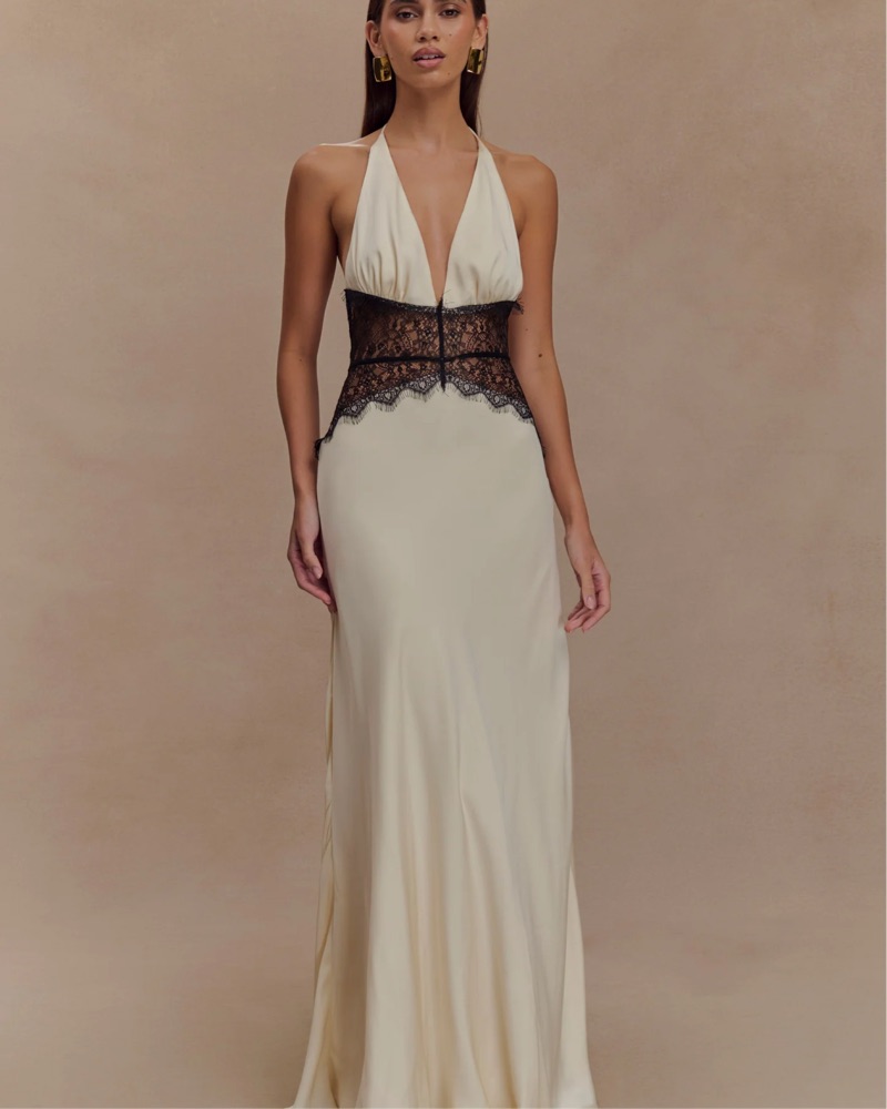 chinese dress ladies Alice Satin Halter Maxi Dress / White | Meshki