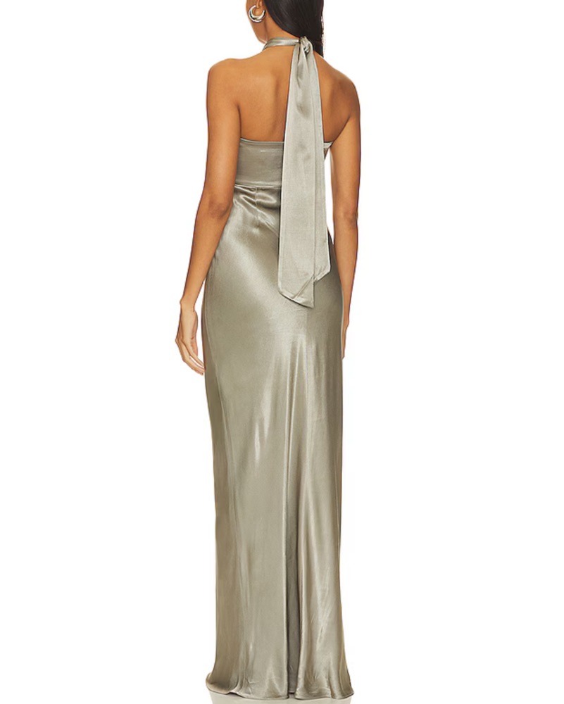 slim fit dress slacks La Lune Ruched Halter Maxi Dress | Lemon | Dresses