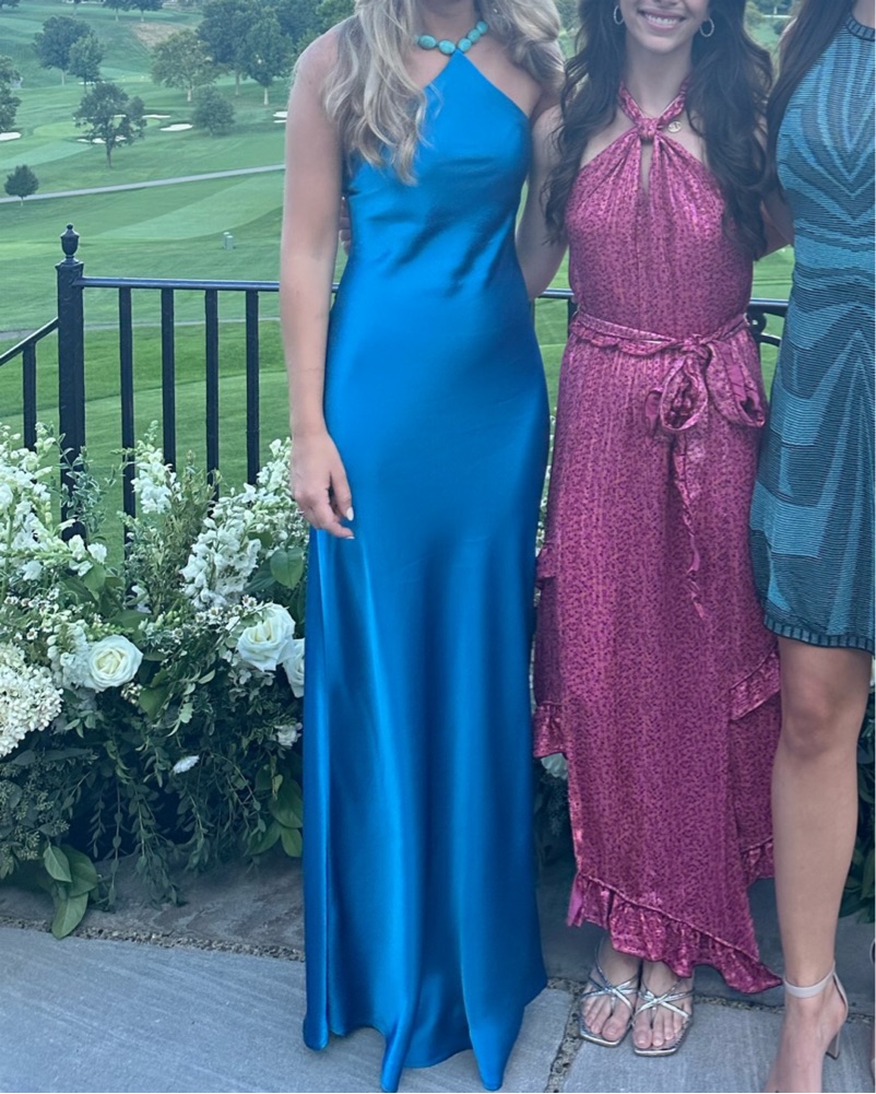 slim fit dress slacks Luma Clear Blue Ruched Halter Maxi Dress