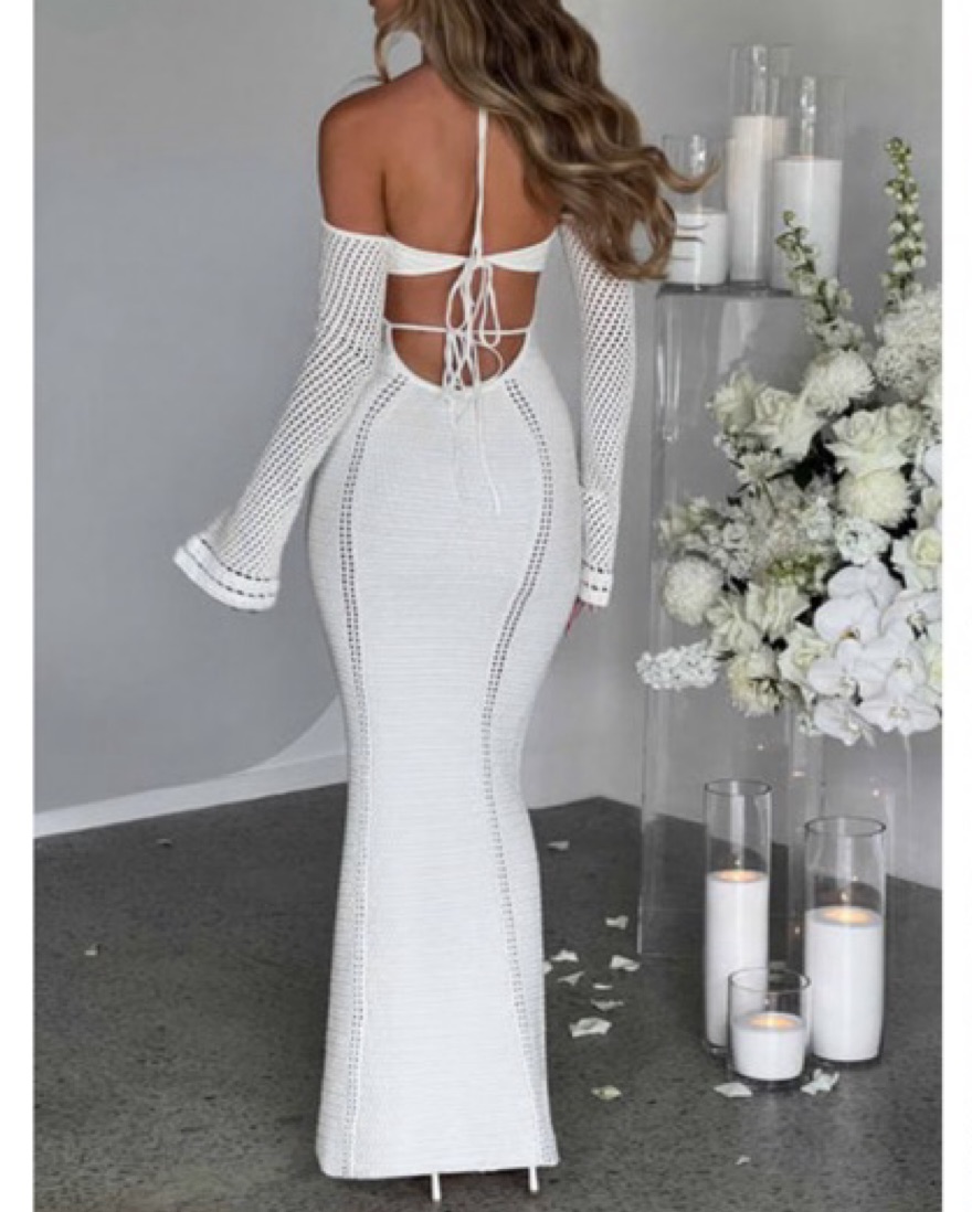 white christmas dresses Stripe Crochet Keyhole Maxi Dress – bebe