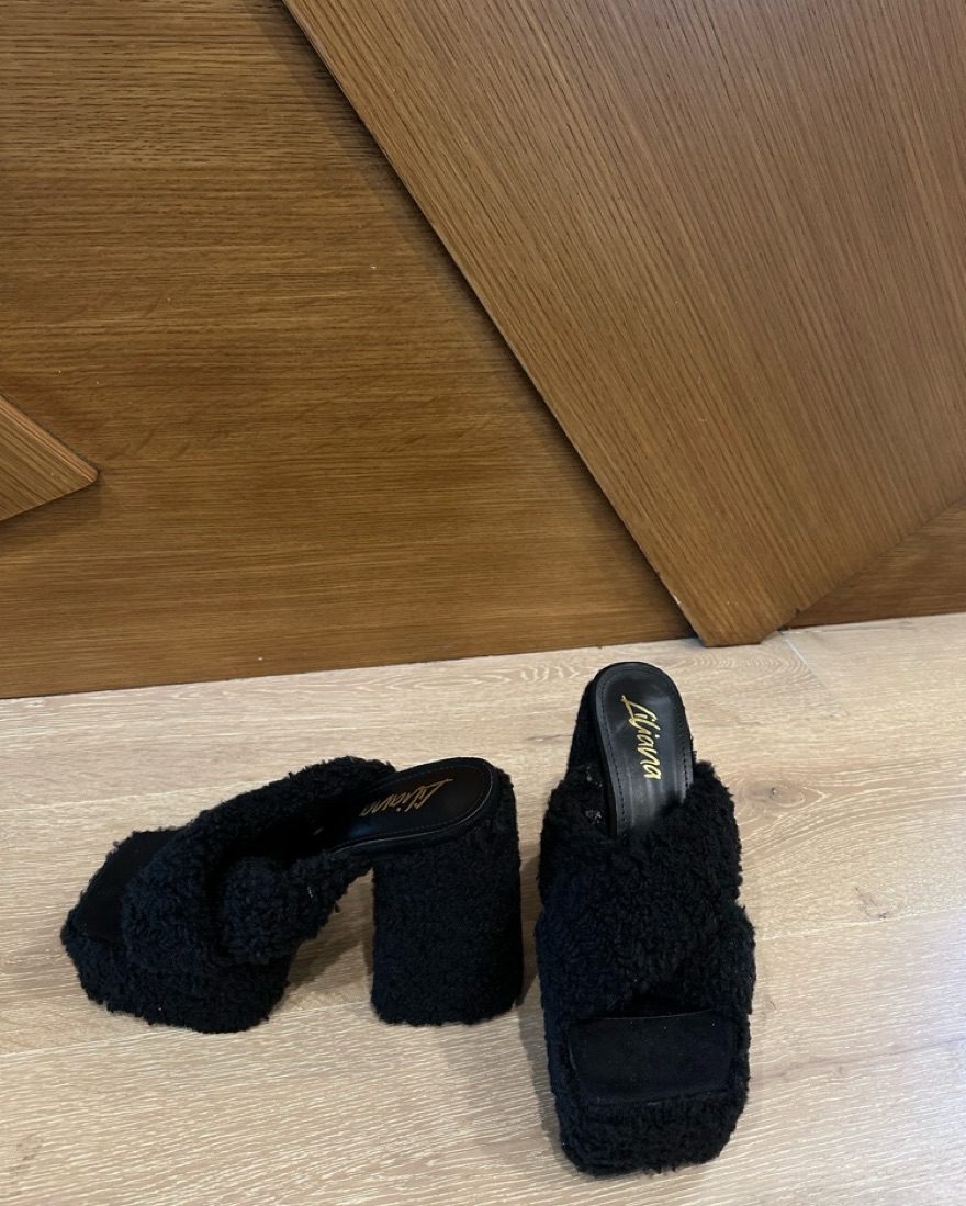 Black Fur Platform Heels - Image 1