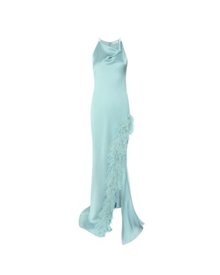 slim fit dress slacks Satin Dress With Feathers in Dark teal Blue