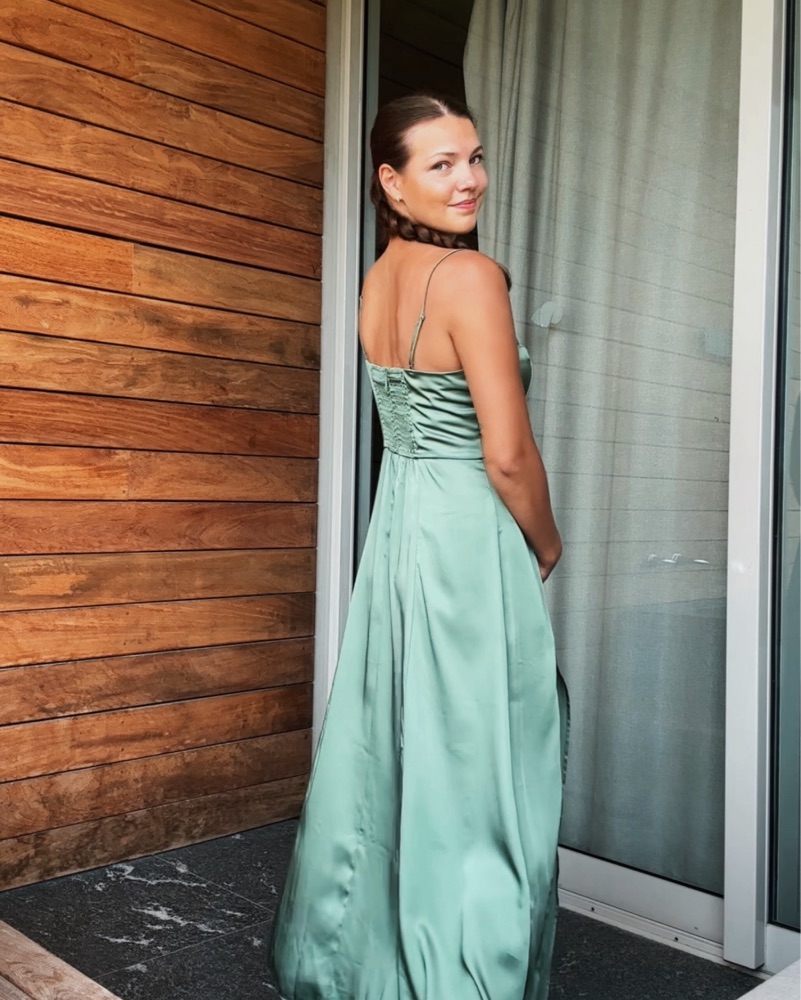 slim fit dress slacks Kona Strapless Pleated Bust Satin Maxi Dress Sage main image 1