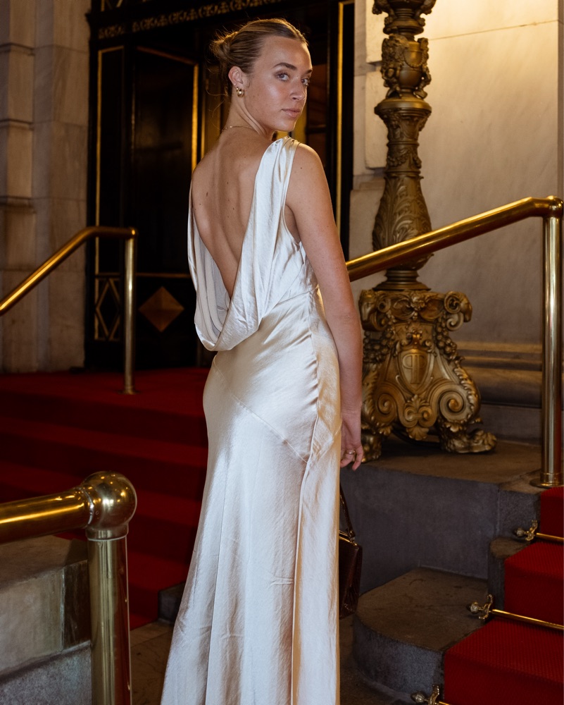 Gold/champagne formal dress w open back by Meshki - Pickle