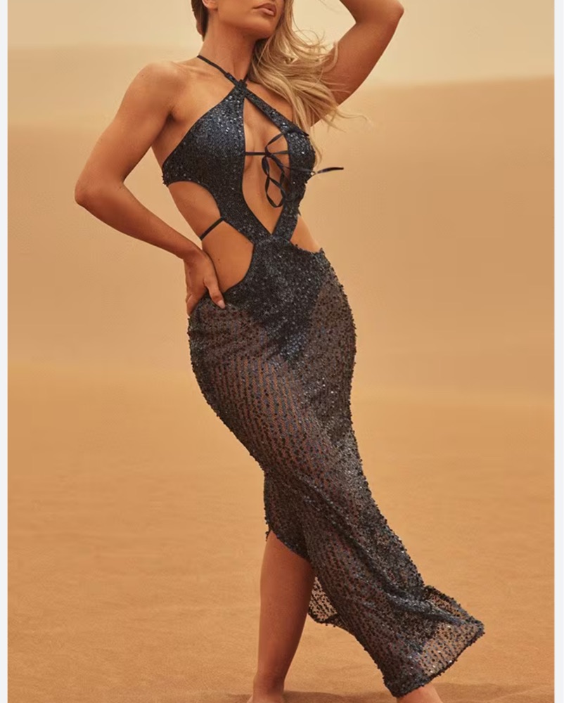 Blue Sequin Halter Cutout Maxi Dress by Luxy - Pickle