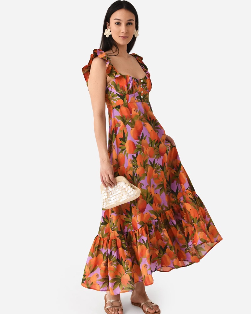 chinese dress ladies Cream Dotted Macaws Maxi Dress